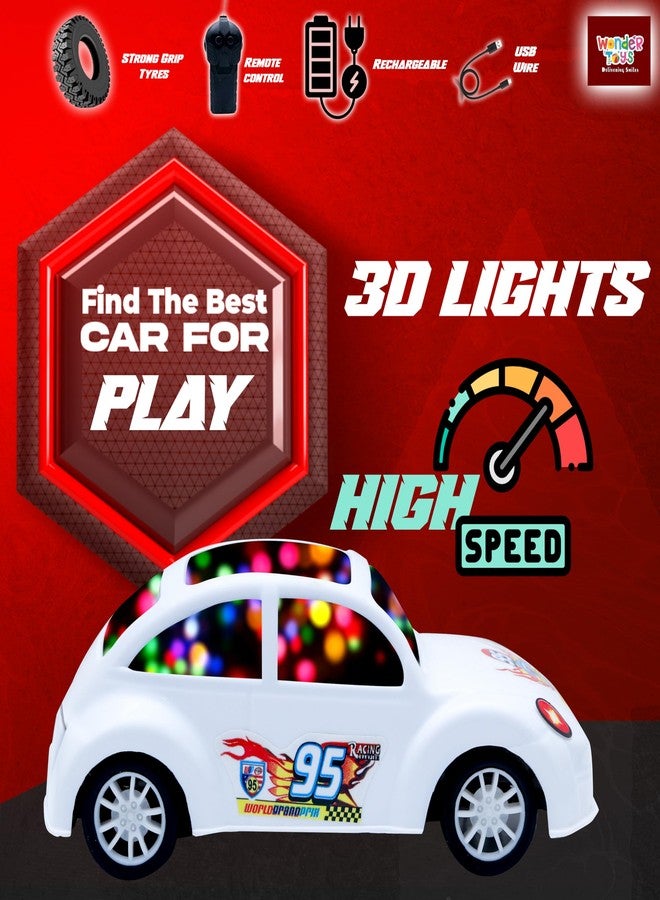 Wonder Rush 3D Mini RC Car for Kids | Rechargeable Remote Control Car with 3D Lights | High Speed Racing Car with USB Charging | Strong Grip Tyres | Toy for Boys & Girls (White) - Image 4